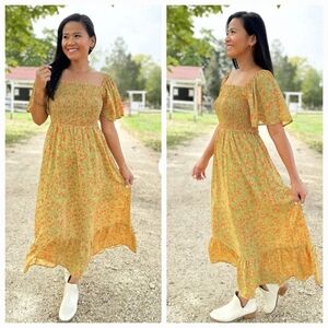 Heyson Floral Puff Sleeve Long Maxi Dress Size Large Smocked Cottagecore New Tag